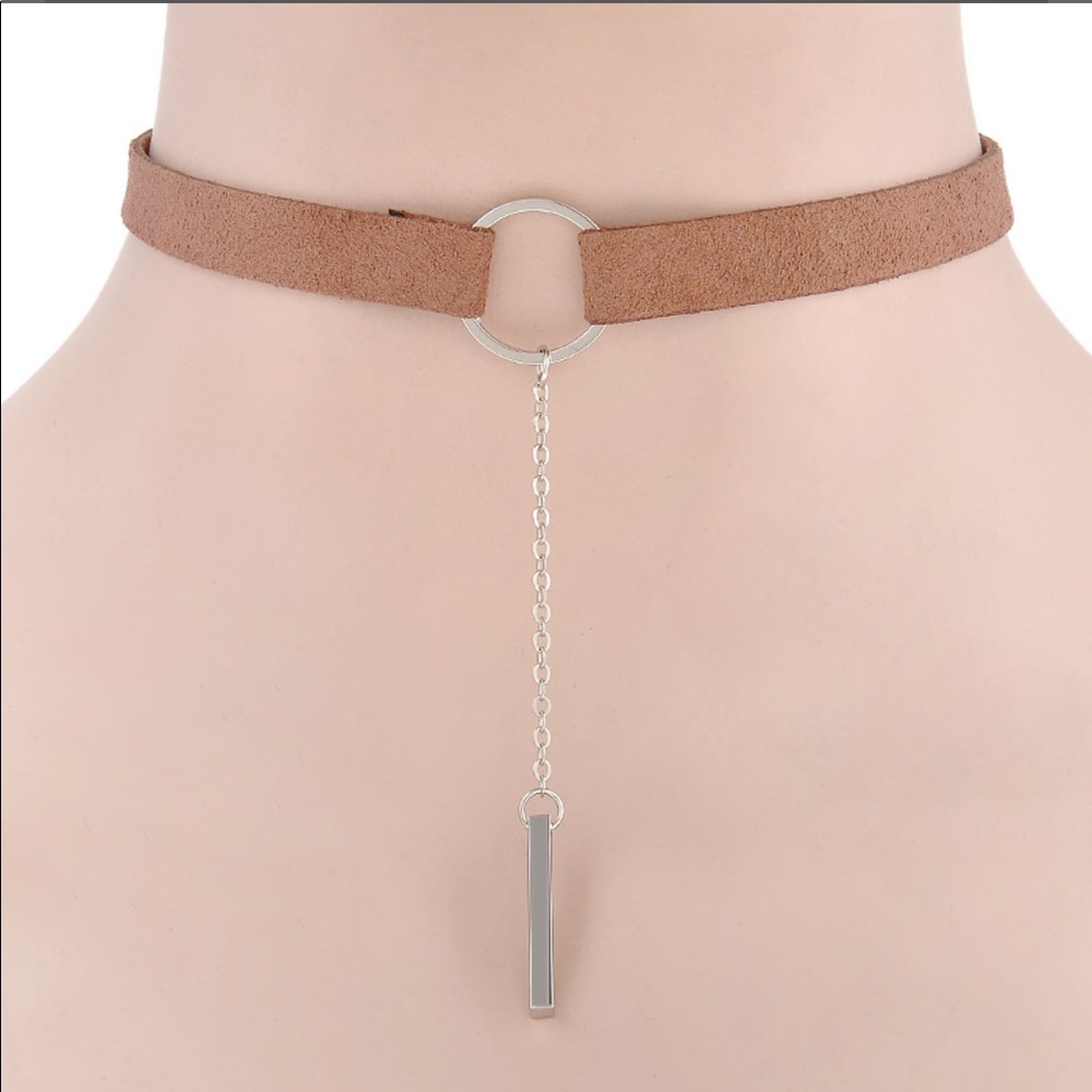 Brown Faux Leather Choker with Bar Pendant - Picture 2 of 7